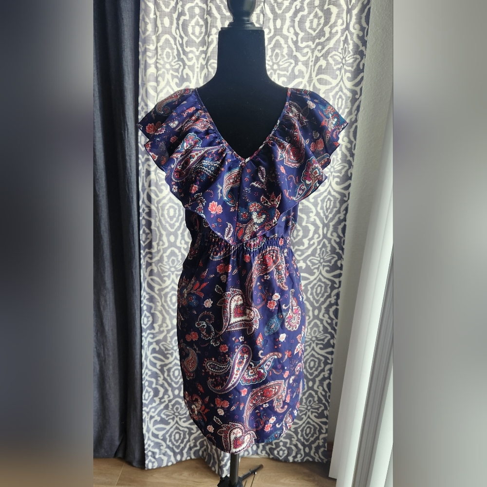 bebe Navy Paisley Ruffle Midi Dress